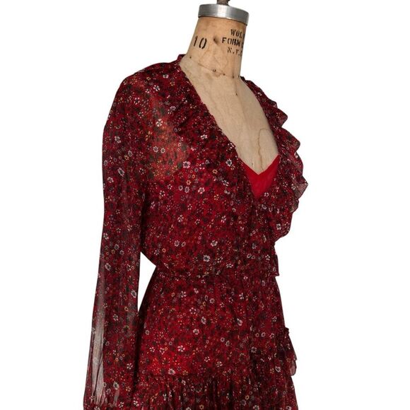 Pepe Jeans Red Floral Ruffle V-Neck Dress Size Small - Picture 3 of 7